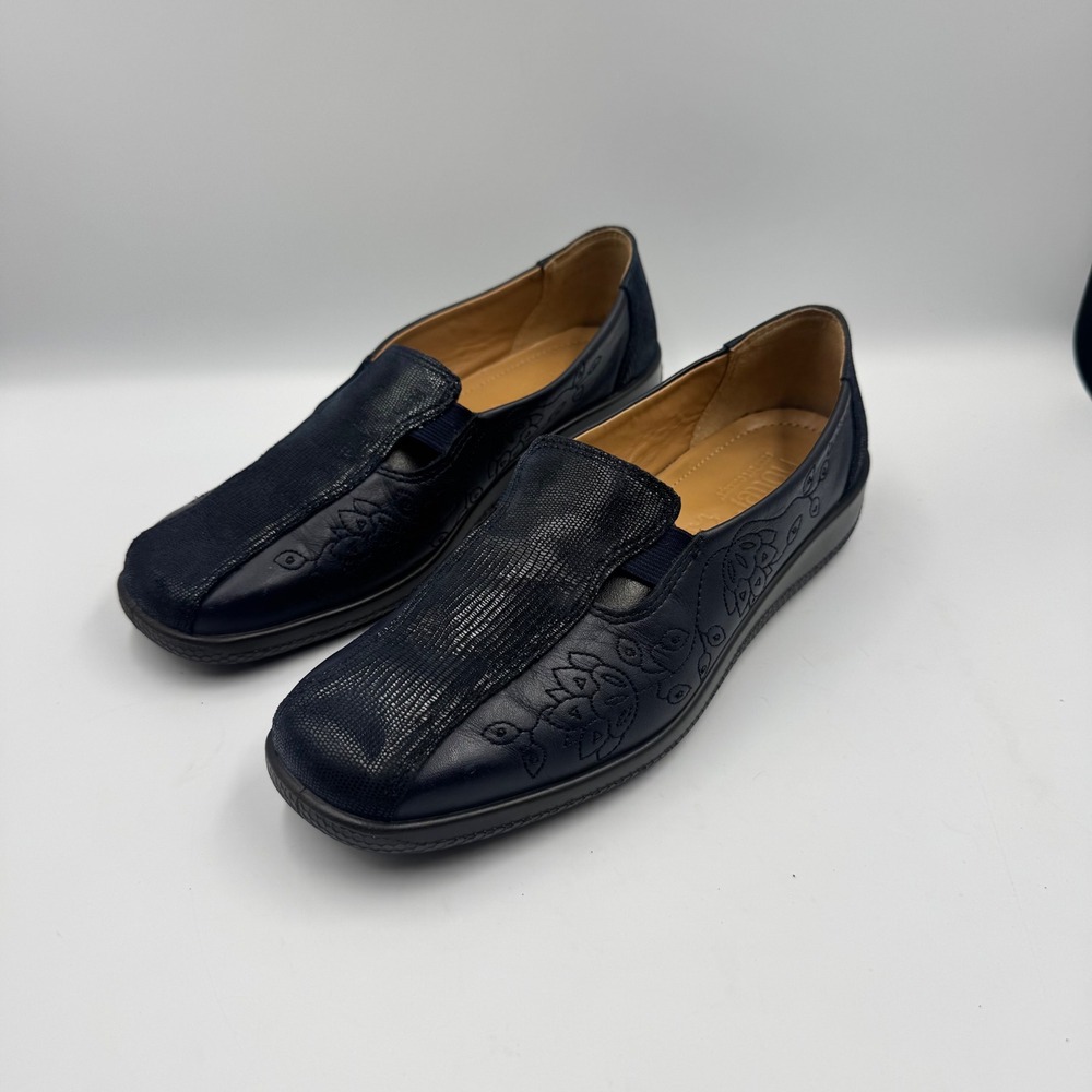 Hotter Comfort Concept NavyBlue Leather Floral Embroidered Loafers UK 7.5 US 9.5